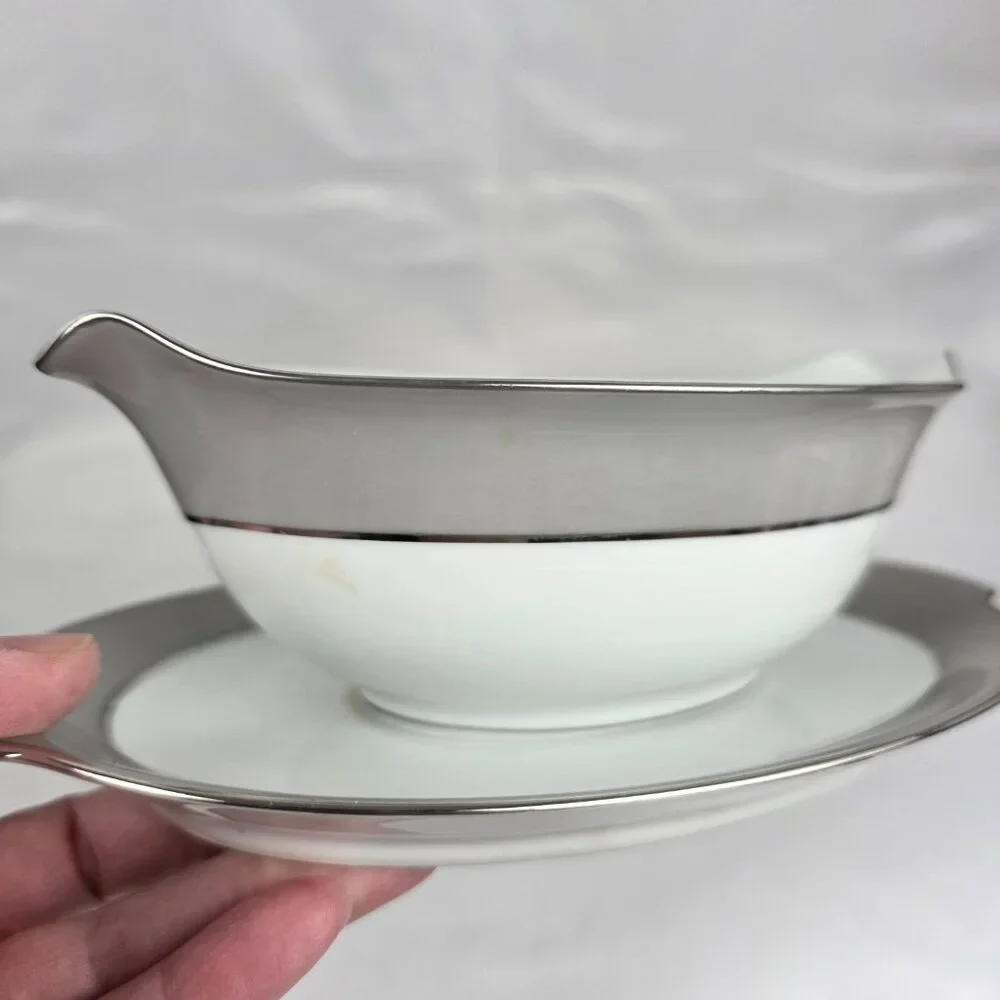 Sango Plantina Gravy Boat with Underplate Gray Band Platinum Trim